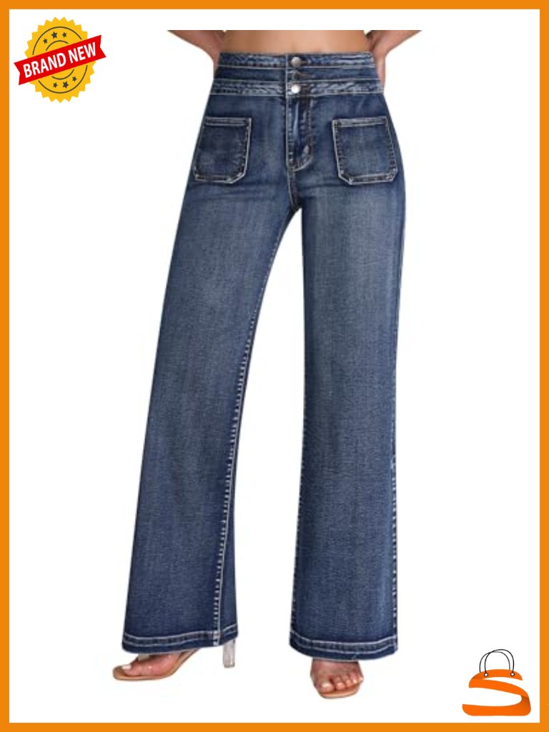Wide Leg High Waist Stretchy Denim Pants 3 Button Loose Fit Baggy Jeans
